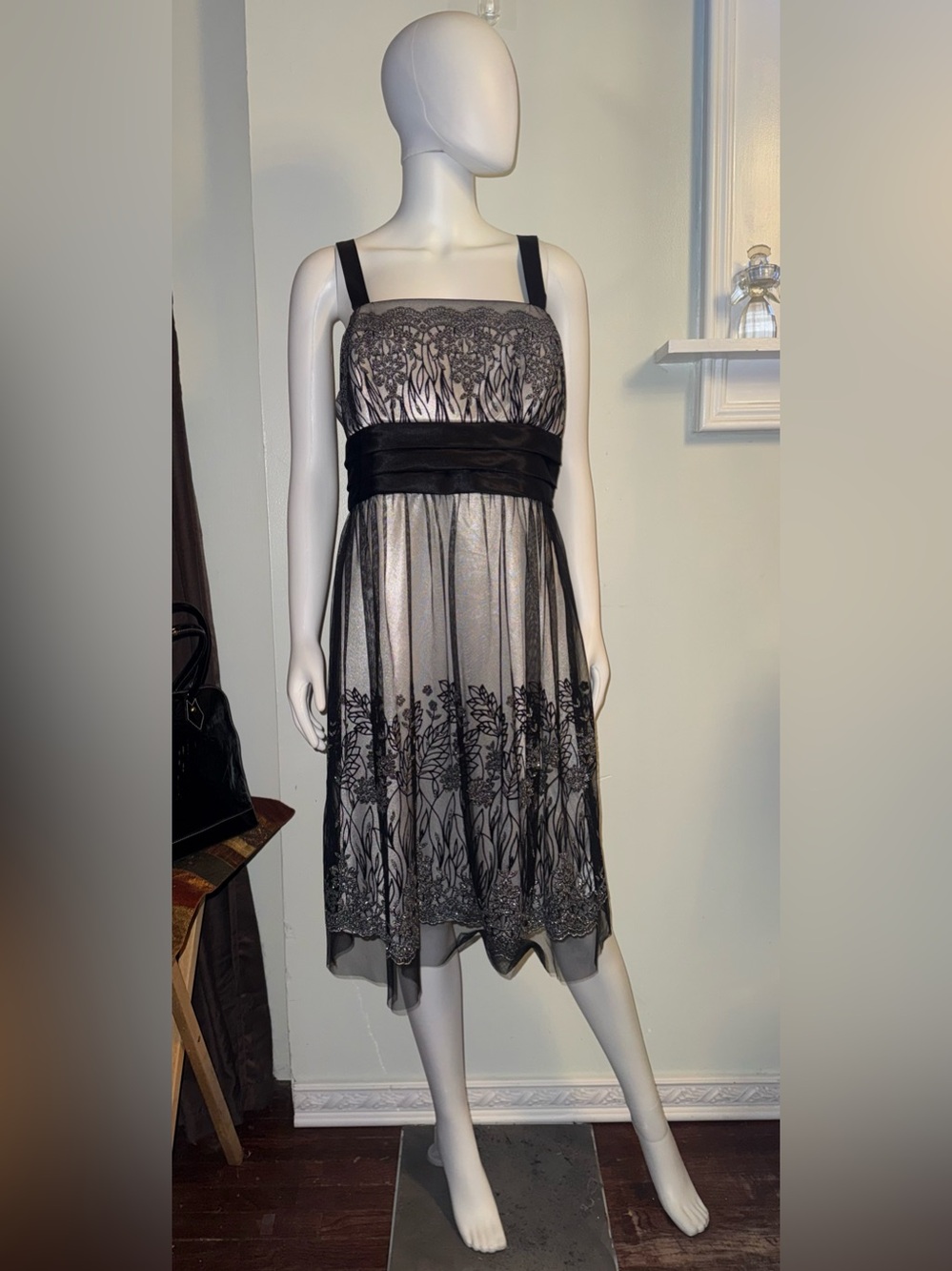 dressbarn Black and Silver Floral Appliqué Midi Dress